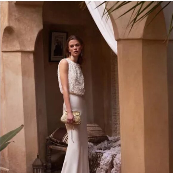 BHLDN Anthropologie Gold Metal Brienne Embossed St Xavier Bridal Clutch - Picture 2 of 7